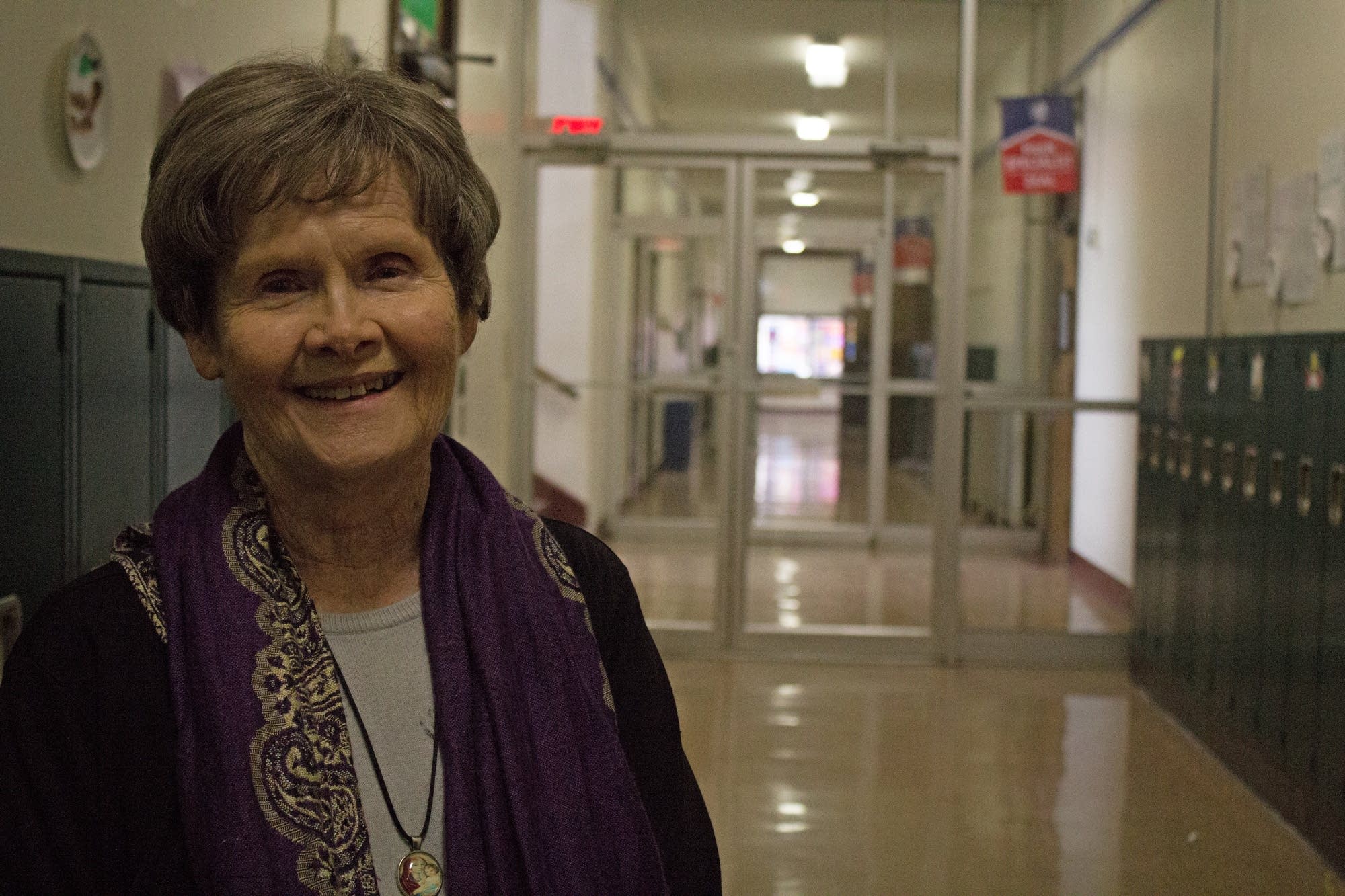 Patricia Hartshorn poses for a portrait in St. Mark's Catholic School