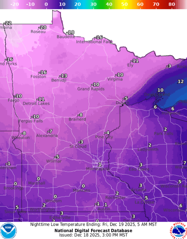Forecast low temperatures Friday