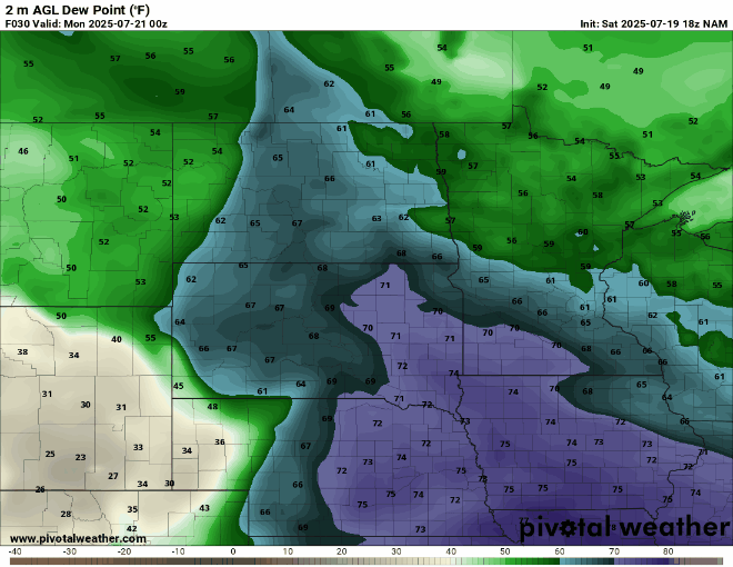 Dew points Sunday 7 p.m. to Tuesday 7 p.m.