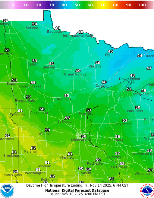 Forecast high temperatures Friday