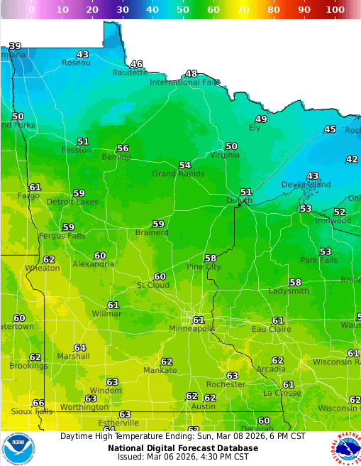 Forecast high temperatures Sunday