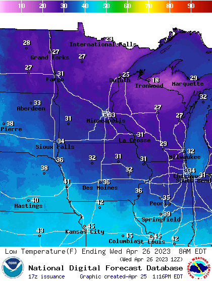 Forecast low temperatures Wednesday