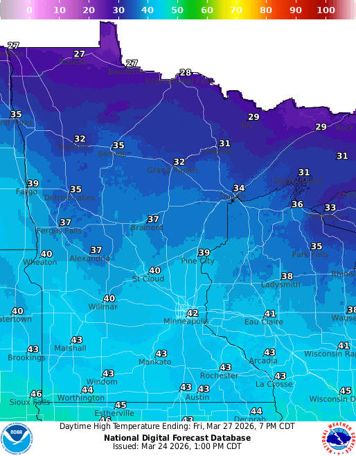 Forecast high temperatures Friday