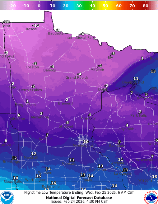 Forecast low temperatures Wednesday