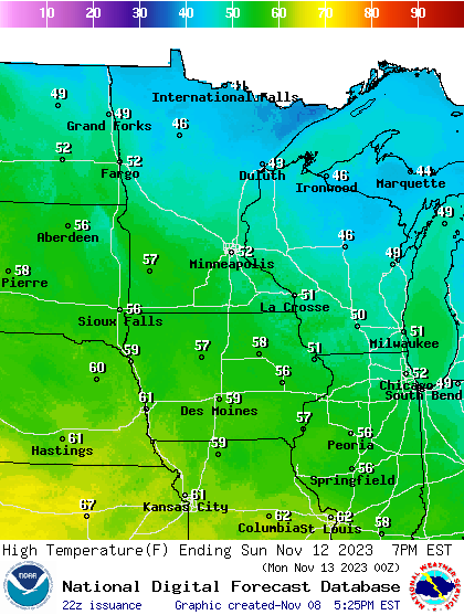 Forecast high temperatures Sunday