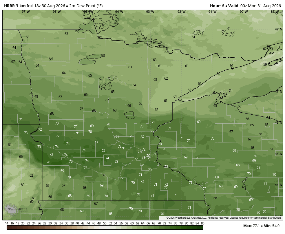 Dew point Sunday 7 p.m. to Monday 7 p.m.