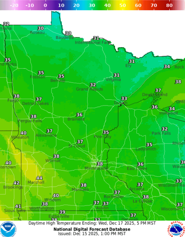 Forecast high temperatures Wednesday