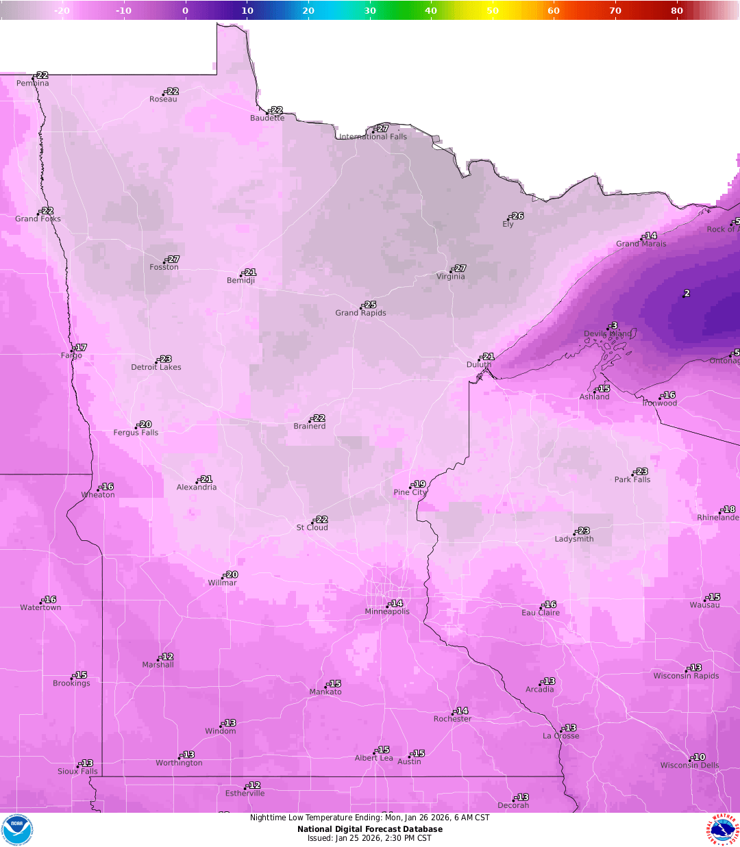 Lows for Sunday night