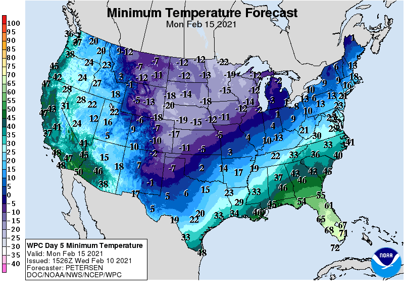 Forecast minimum temps Monday