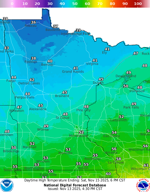 Forecast high temperatures Saturday