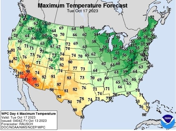 Forecast high temperatures Tuesday