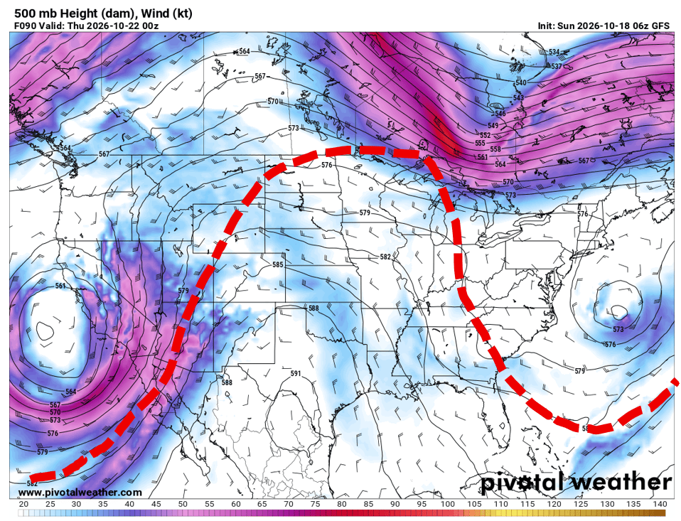 500 millibar height and wind map-showing Omega blocking pattern