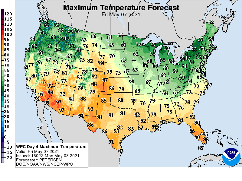 Forecast high temperatures Thursday