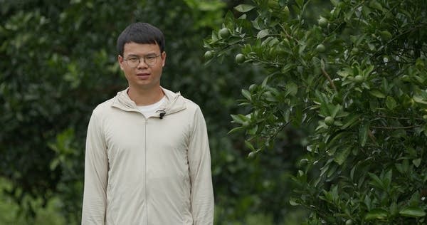 IT product manager turned fruit supplier Qingan in one of the orange farm he sources from. He is enjoying the nature, which he didn't get as much of in crowded Shenzhen. (Christian Petersen-Clausen for Marketplace)