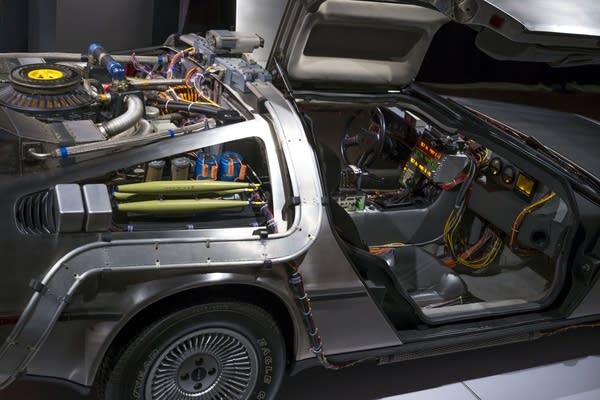 Next stop, 1955. "Back to the Future's" time-traveling DeLorean is part of an exhibit at the Petersen Automotive Museum in Los Angeles.