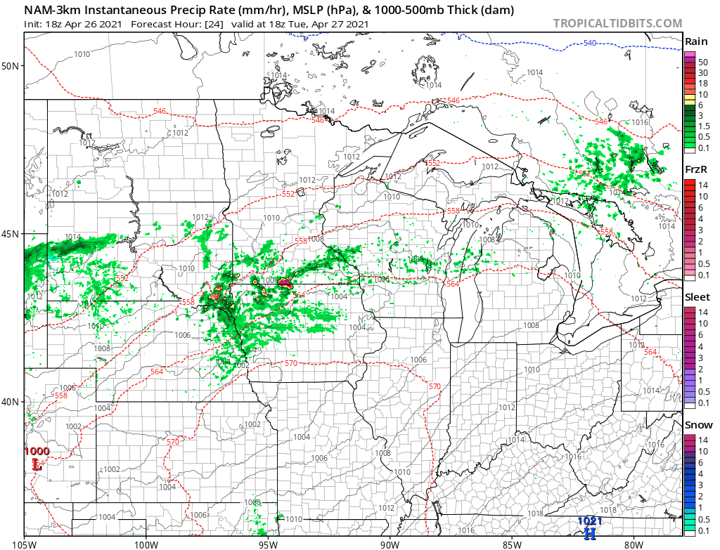 NOAA NAM 3 km model from 1 pm to 7 pm Tuesday