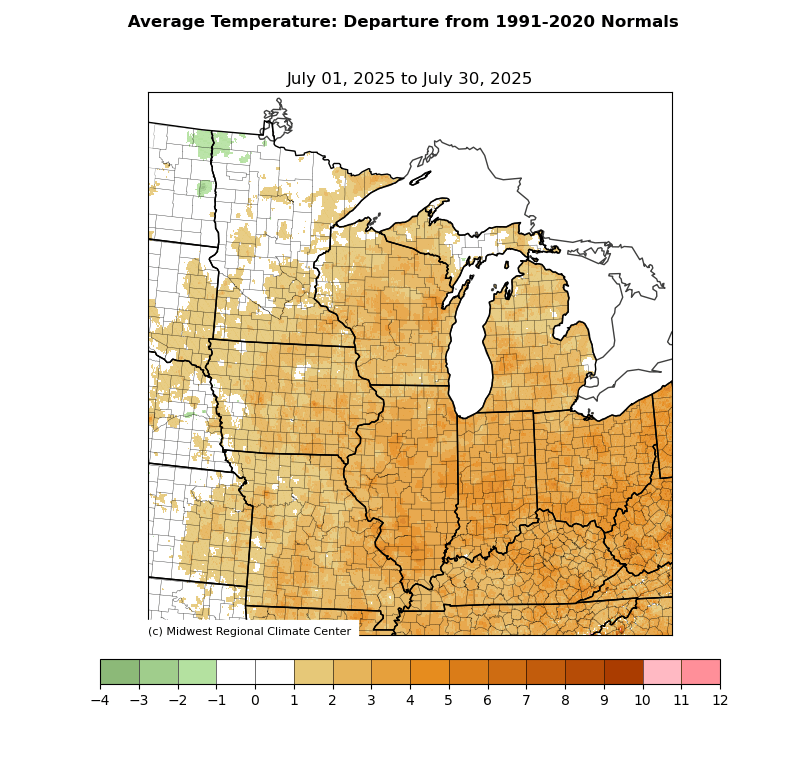 Average temperature departure for July 1 to July 30