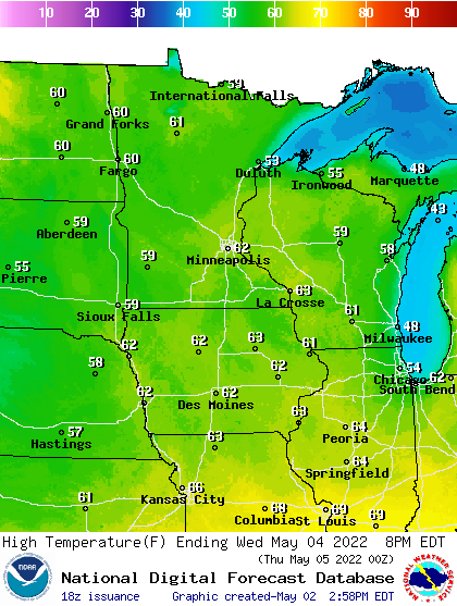 Forecast high temperatures Wednesday
