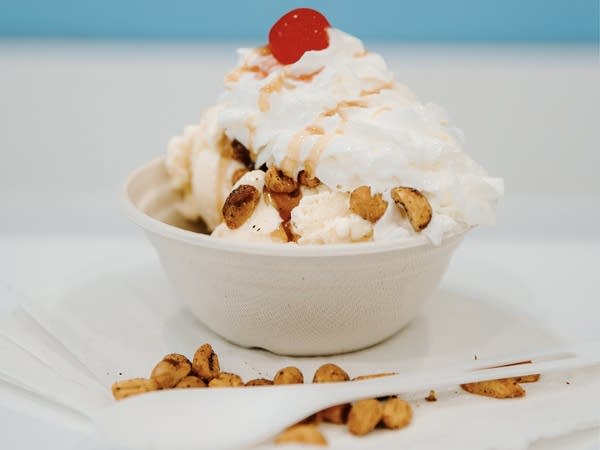 An icecream dish in a white bowl.