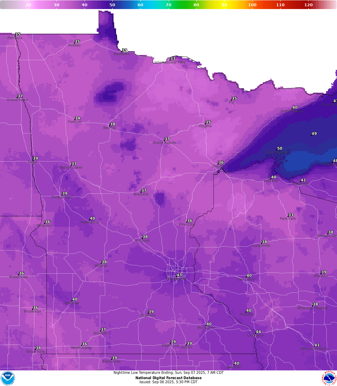 Lows for Saturday night