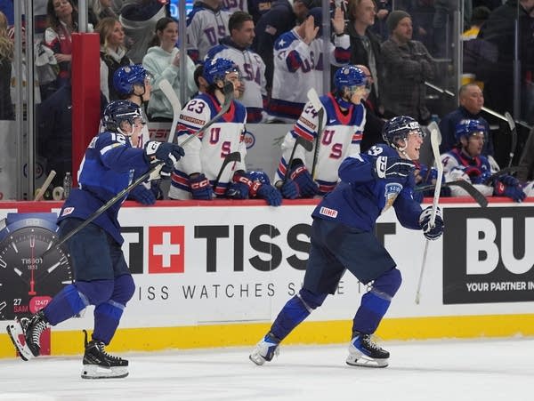 Hockey players celebrate a win