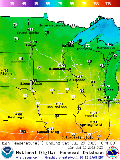 Forecast high temperatures Saturday