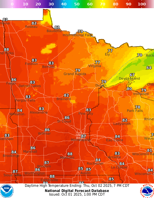 Forecast high temperatures Thursday
