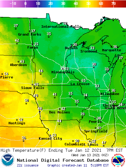 Forecast high temperatures Tuesday