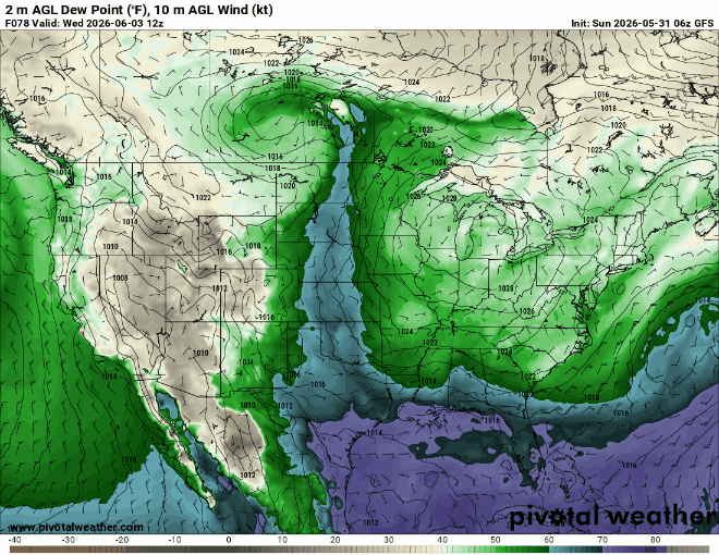 Dew points and winds Wednesday through Thursday