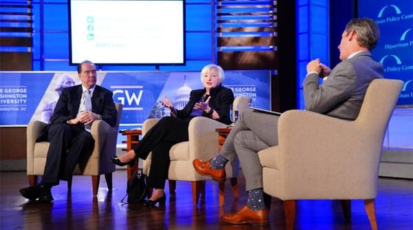 From left to right, David Malpass, Janet Yellen and Kai Ryssdal at George Washington University on Feb. 4.