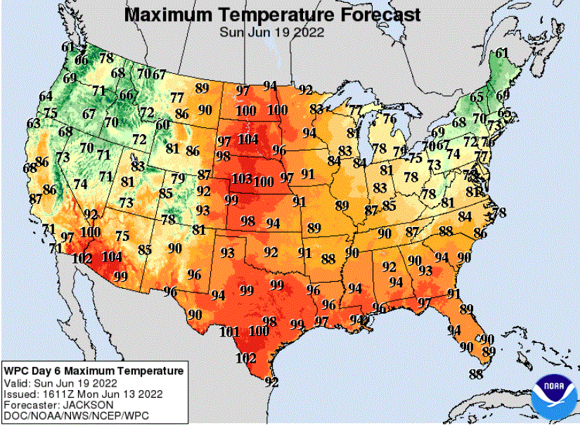 Forecast high temperatures for Sunday