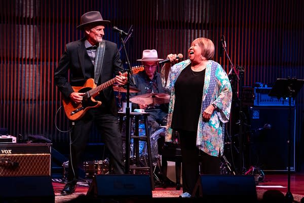 Guitarist Rick Holmstrom, drummer Steve Mugalian and Mavis Staples performing at the Ordway Concert Hall in St. Paul on Wednesday, June 17, 2026.