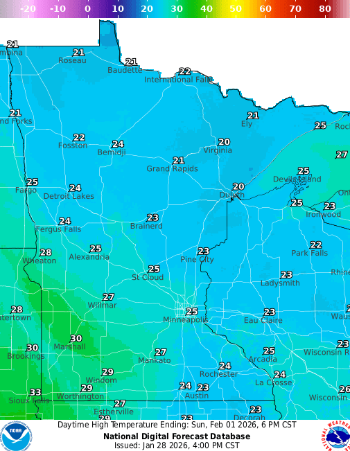 Forecast high temperatures Sunday