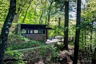 An exterior view of a modern cabin house.