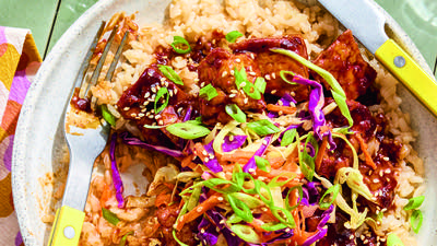 Spicy Saucy Tofu with Quick Slaw and Sesame Rice