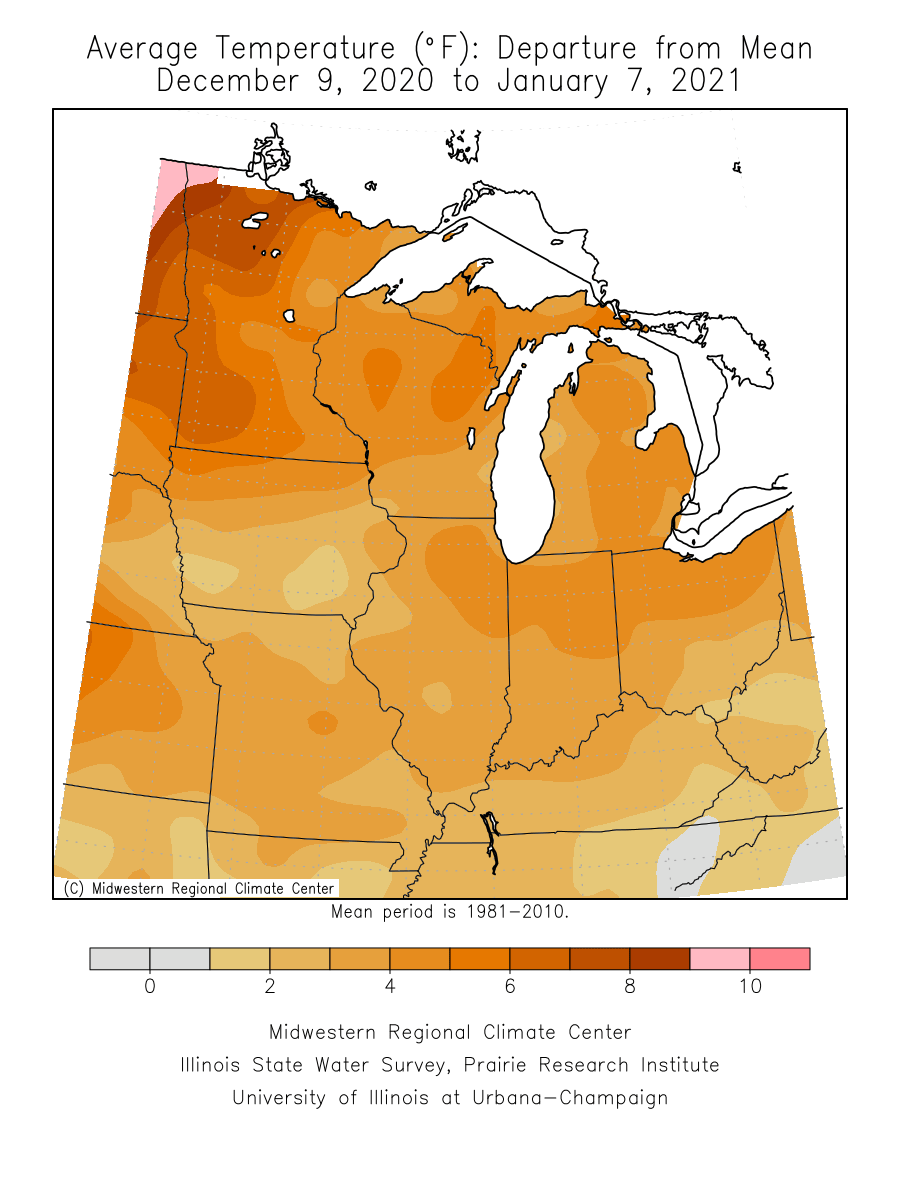 Temperature departure from average over the last month