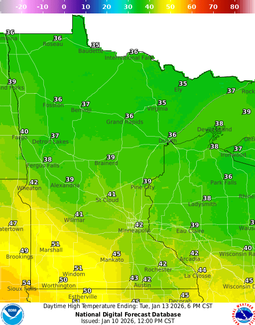 Forecast high temperatures Tuesday