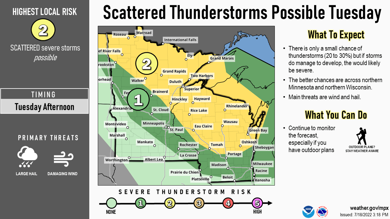 Slight severe weather risk favors northern Minnesota and Wisconsin Tuesday