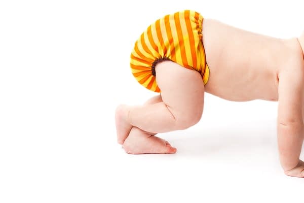 Rear of a caucasian baby crawling and lifting his/her durable cloth diaper high up isolated on white background.