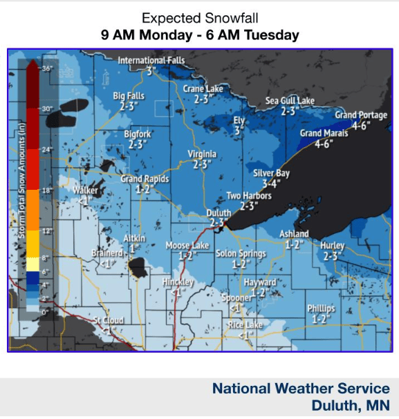Expected snowfall for Monday 9 a.m. to Tuesday 6 a.m.  
