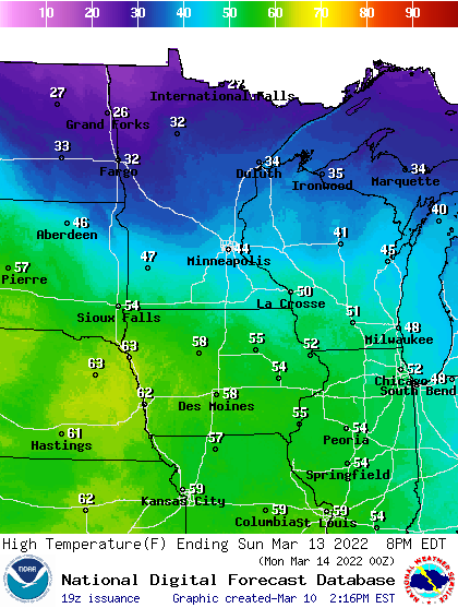 Forecast high temperatures Sunday