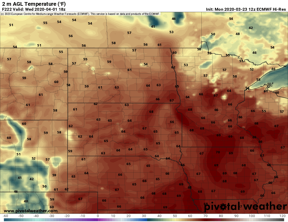 European model (ECMWF) temperature forecast 1 pm Wednesday, April 1