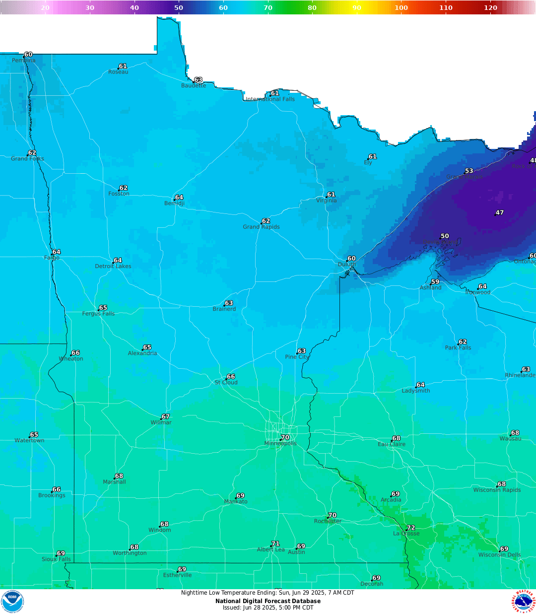Lows for Saturday night