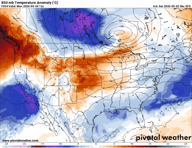 850 millibar temperature anomalies for Monday 7 a.m. to Wednesday 7 a.m.