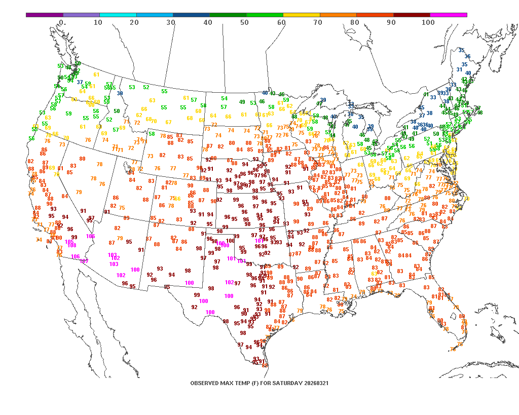 Max temperatures from Saturday