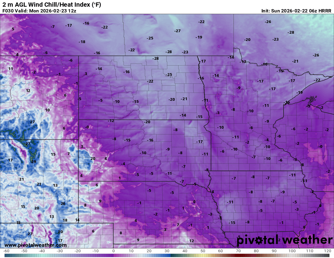 Wind chill forecast Monday 6 a.m.