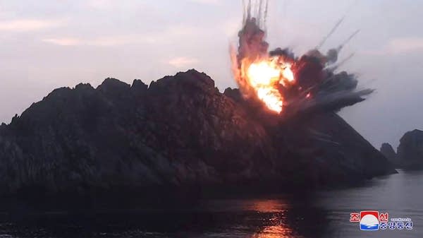 An explosion caused by what North Korea calls a new guided missile