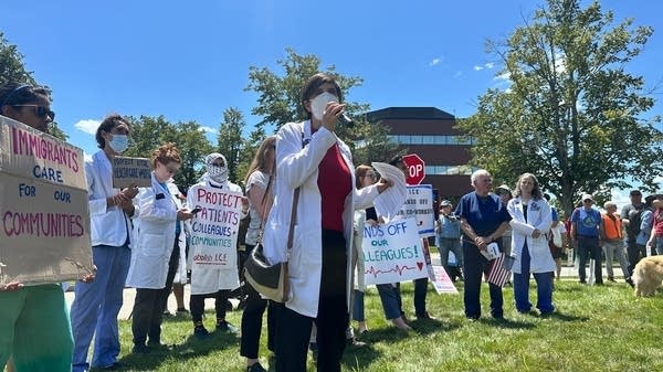 Dr. Lara Jirmanus, founder of the Health and Law Immigrant Solidarity Network, was among a group of physicians who protested in front of ICE’s regional headquarters in Burlington, Massachusetts, in late July. The group is warning of a looming staffing crisis in health care.
