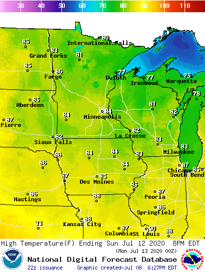 Forecast high temperatures Sunday