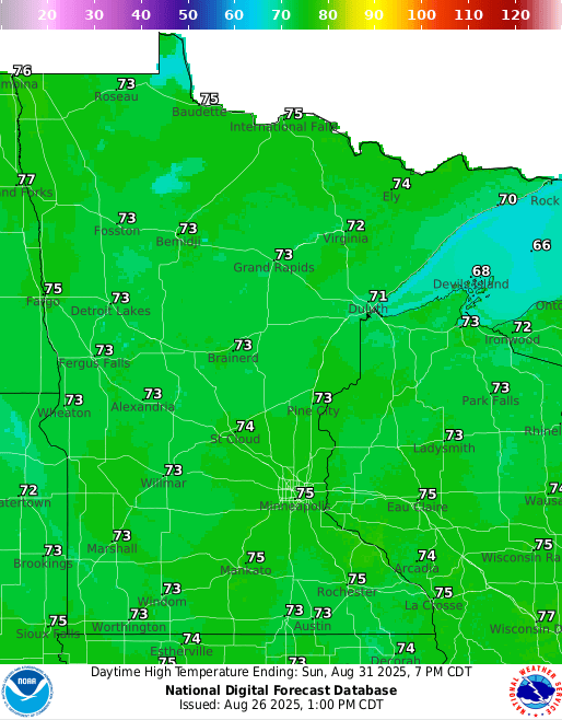 Forecast high temperatures Sunday